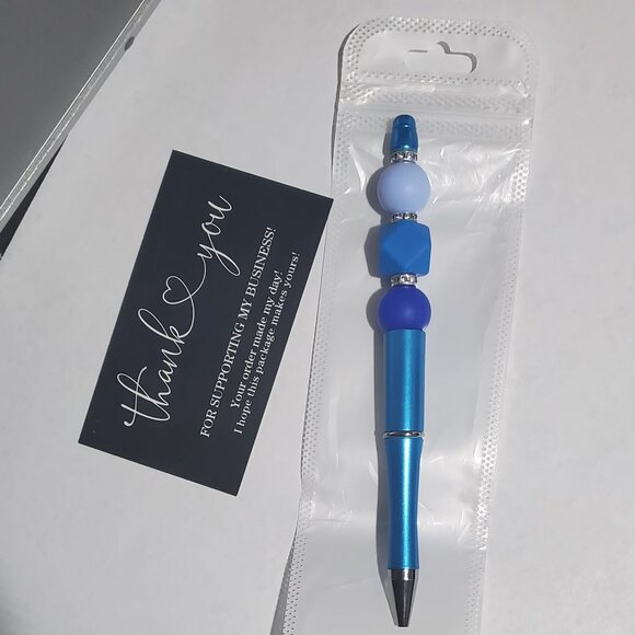 Handmade Blue Ombré Beaded Pen – Cool Tone Silicone Twist Pen with Extra Ink Ref - Picture 2 of 2